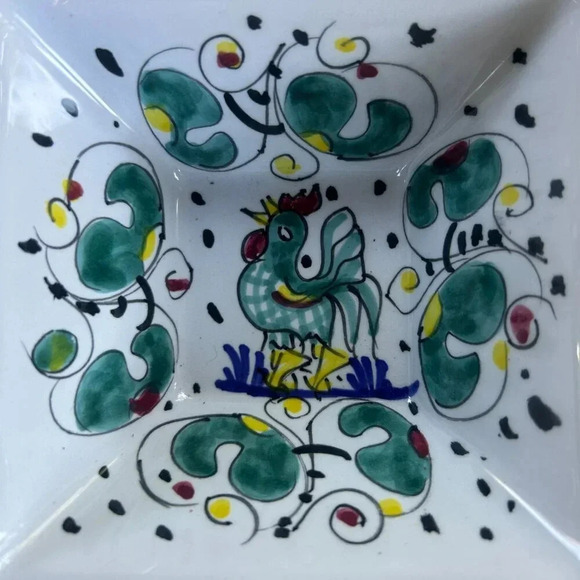 Sambuco Mario Deruta Italy Green Rooster Square Small Bowl - Picture 6 of 7